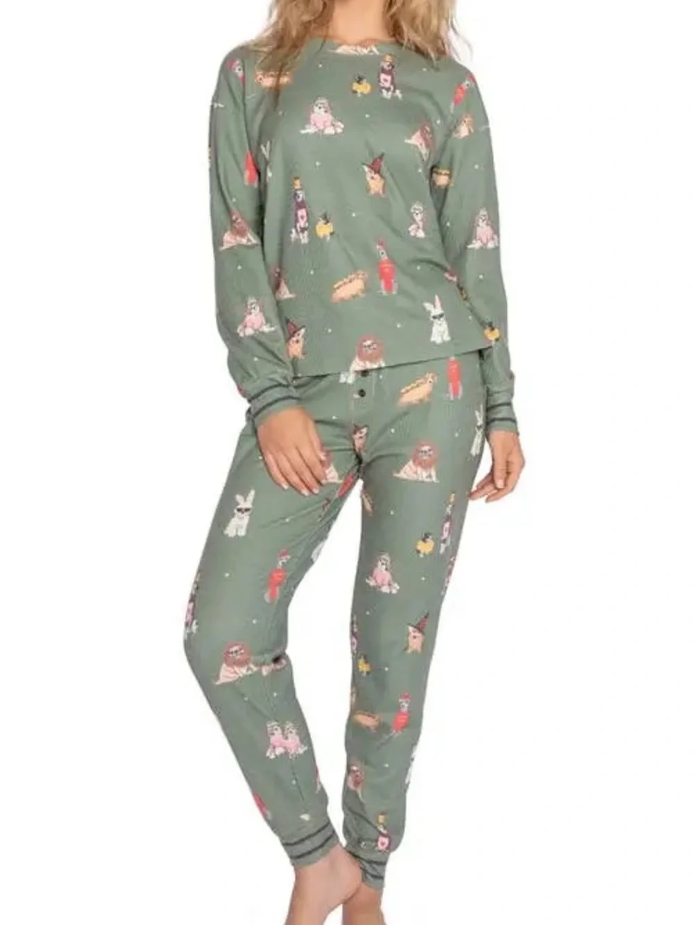 PJ Salvage My Boo Long Sleeve Ribbed Pajama Set Olive Green Cute Puppy Dog Sz XS